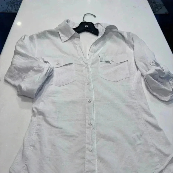 Love Tree Top Womens Button Up Rolled Sleeve Top W/ribbed Accents & Pockets Sz S - Picture 12 of 12